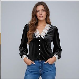Lace Puff Sleeve Velvet Blouse